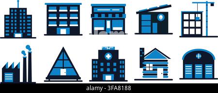 Set of ten blue and black vector building icons including factory, hospital, office, and construction site on white background Stock Vector