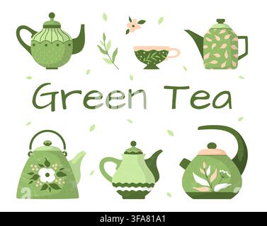 Green tea. Hand drawn teapots, cup and leaves, herbal beverage culture, cozy drink. Ceramics glassware. Porcelain and pottery botanical floral decor. Vector cartoon flat style isolated illustration Stock Vector