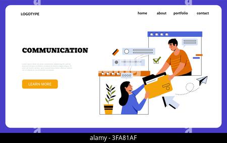 People exchanging folder. Website hero, digital communication and document workflow with chat messages, interface windows and navigation elements, vector cartoon flat style isolated business concept Stock Vector