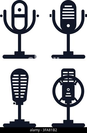 Set of four vintage microphone vector icons in dark blue, flat design style, isolated on white background for audio and music concepts Stock Vector