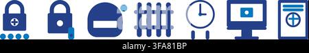 Set of blue flat vector icons including padlock, hashtag, clock, computer monitor, and medical card on white background Stock Vector