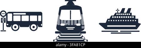 Set of dark blue vector icons for bus, train, and cruise ship on white background, representing public transport and travel concepts. Stock Vector