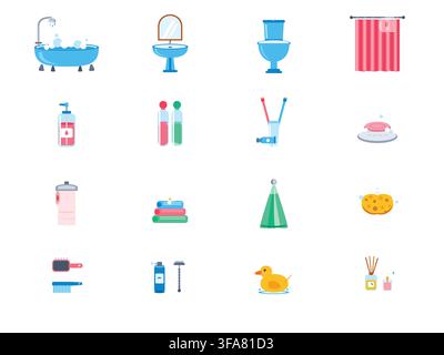 Flat vector icon set of bathroom items including bathtub, sink, toilet, shower, toiletries, and rubber duck on white background Stock Vector