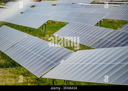 Large scale ground-mounted solar panel array generating clean electricity representing renewable energy transition and green grid Stock Photo