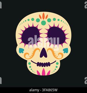 Colorful Decorative Sugar Skull Vector Illustration for Dia de los Muertos with Traditional Folk Art Ornaments and Abstract Floral Details Stock Vector