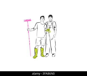 Two Gardeners Working Together in the Garden with Rake and Seedlings, Gardening and Planting, Landscaping, Garden Maintenance, Horticulture, Outdoor Stock Vector