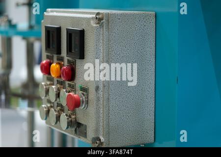 Steel explosion proof industrial control panel. Selective focus. Stock Photo