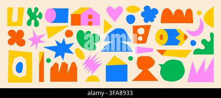 Set of retro isometric geometric shapes drawn. Fun and playful collection of basic figures including heart, pencil, house, pyramid, cylinder, star. Stock Vector