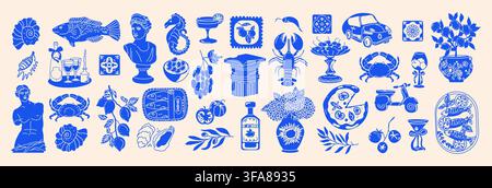 Hand-drawn Italian summer food icons. Vintage Mediterranean set with Amalfi lemons, wine bottles, and traditional cuisine symbols. Travel-themed stick Stock Vector