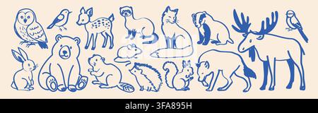 Woodland forest animal clipart set with cute bear, fox, deer, moose, owl and hedgehog in blue doodle line art style for kids apparel print and nursery Stock Vector