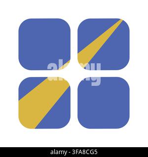 Four rounded square blocks in blue with a continuous yellow diagonal stripe running through them. Stock Vector