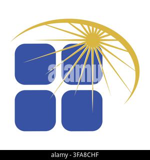 A clean vector logo featuring blue solar panels and a golden sunburst arc, representing renewable energy. Stock Vector