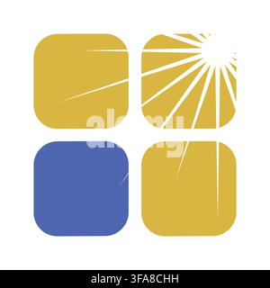Abstract logo featuring three gold rounded squares with sunburst rays and one blue square isolated on a white background. Stock Vector