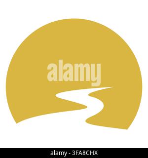 A minimalist golden circular shape featuring a winding white road or river running through it. Stock Vector
