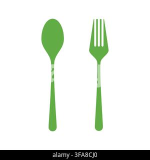Green silhouette icons of a fork and spoon on a white background representing dining and food. Stock Vector