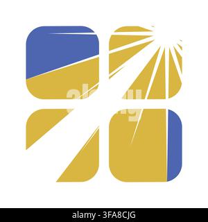 An abstract logo design featuring blue and gold rounded squares with sun rays. Stock Vector