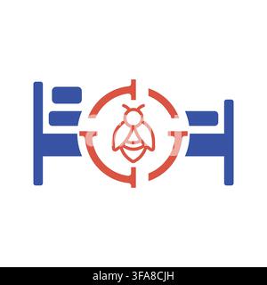 A flat icon showing a bed bug inside a red target reticle against a blue bed background. Stock Vector