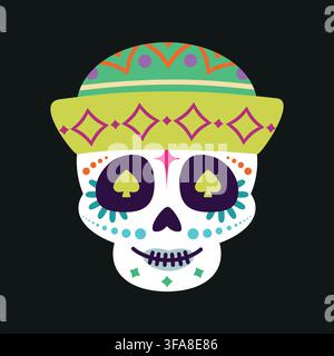 Colorful Sugar Skull with Sombrero Vector for Dia de los Muertos with Spade Eyes and Decorative Folk Art Details Stock Vector