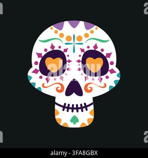 Colorful Sugar Skull with Heart Eyes Vector Illustration for Dia de los Muertos with Geometric and Decorative Folk Art Ornaments Stock Vector