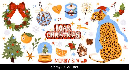 Wild Christmas vector clipart set with a leopard, Christmas wreath, tree, ornaments, gingerbread house, dried orange, berries, snow globe, bows and festive lettering. Vector illustration Stock Vector