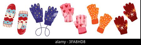 Collection of cute winter accessories with colorful mittens, gloves and knitted hand warmers with playful patterns, cozy details and seasonal snowflake decorations. Vector illustration. Vector illustration Stock Vector