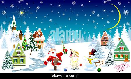 A fairy-tale night on Christmas Eve. Winter village landscape. Small houses covered in snow. Snowflakes in the night sky. Santa Claus, a goat, and a s Stock Vector