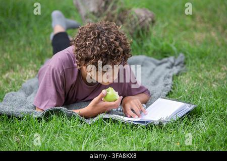 Teenager lying on a blanket and reading a book in a green park outdoors. Curly-haired teenager relaxing on a blanket in a lush green park Stock Photo