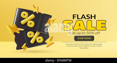 Flash sale banner with 3D black discount coupons lightning bolts and percents on yellow background Stock Vector