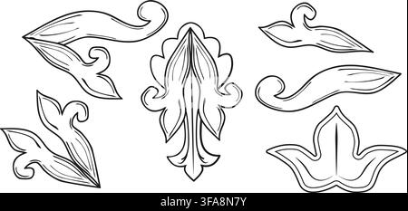 Set of hand drawn vintage floral vignettes and ornamental flourishes isolated on white. Elegant black line art for frames, dividers, wedding Stock Vector