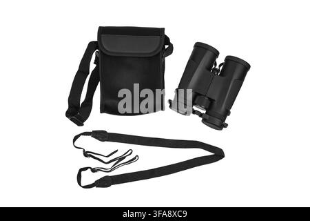 Black modern binoculars with case and strap isolated on white background. Stock Photo