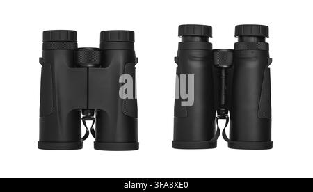 Two views of black modern binoculars isolated on a clean white background. Stock Photo