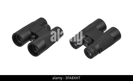 Two black compact binoculars isolated on white background. Stock Photo
