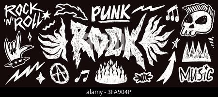 Punk rock doodle set with music notes, fire, lightning and skull in white chalk texture on blackboard background. Rock doodle and punk symbols for Stock Vector
