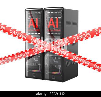 AI data center servers with danger tape for outage and security threat. 3D rendering isolated on white background Stock Photo