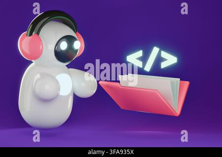 3D AI coding concept, cute glossy plastic robot assistant generating glowing code html tags on purple background Stock Photo