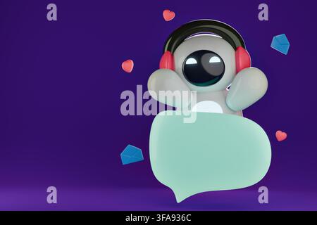 3D AI customer support web banner, cute glossy plastic robot assistant with blue blank speech bubble and notification chat icons on purple background Stock Photo