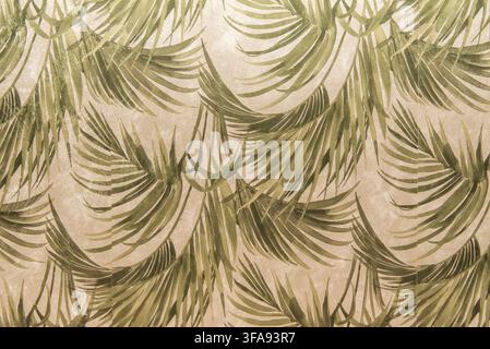 Seamless tropical wallpaper pattern featuring overlapping olive green palm leaves on a textured beige background. Stock Photo