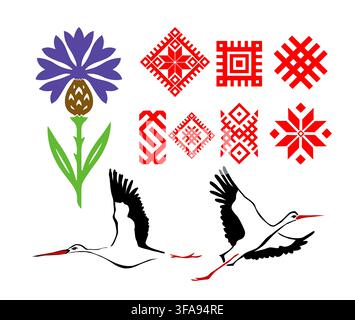 ornament for printing Slavic national with a flying stork. Hand drawn. Not AI, vector illustration. Stock Vector