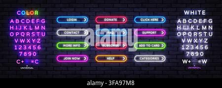 Neon rounded web buttons with labels Login, Subscribe, FAQ, Donate on brick wall background. Glowing UI kit includes editable color and white alphabet Stock Vector