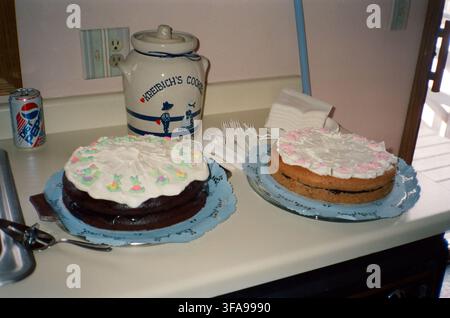 Two homemade layer cakes with white frosting and colorful floral decorations sit on blue doilies on a kitchen counter, evoking a nostalgic home celebr Stock Photo
