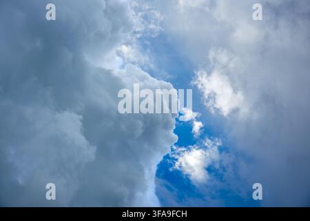 Majestic storm clouds forming and gathering in the blue sky. Dramatic cumulus and cumulonimbus cloud formations changing shape before a heavy summer r Stock Photo