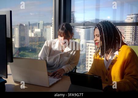 Two women discussing a project in a modern office Stock Photo