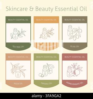 Natural beauty essential oil label set with organic plant botanical line art Stock Vector