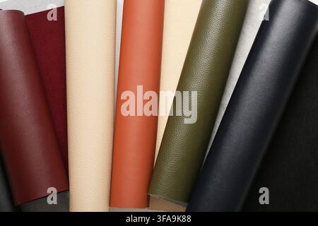 Textile and fabric samples, upholstery material for interior design and fashion, leatherette and suede texture swatches Stock Photo