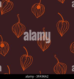 Seamless pattern with physalis lanterns, gold winter cherry. Hand-drawn vector line illustration Stock Vector