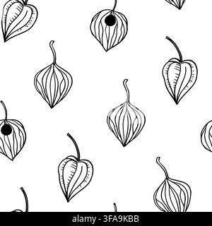 Seamless pattern with physalis lanterns, gold winter cherry. Hand-drawn vector line illustration Stock Vector
