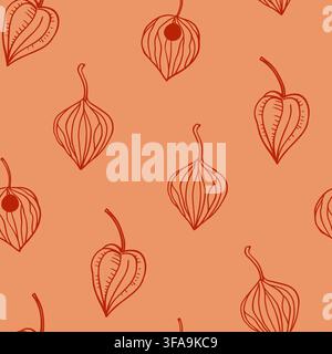 Seamless pattern with physalis lanterns, gold winter cherry. Hand-drawn vector line illustration Stock Vector