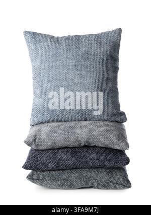 Home decor and comfort concept, stack of soft decorative pillows in shades of gray and blue on white background Stock Photo