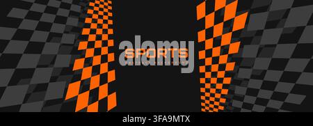 Modern abstract background with orange and gray checkerboard flag for racing poster design and sports event. Vector illustration wide sport banner Stock Vector