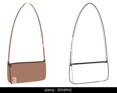 Pochette Cross-Body Bag with removable strap options. Fashion accessory technical illustration. Vector satchel front 3-4 view for Men, women, unisex style, flat handbag CAD mockup sketch outline Stock Vector